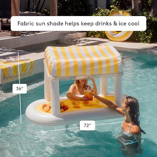 Giant Floating Yellow Cabana Stripe Drink Station, Removable Fabric Shade with Fringe, Perfect for Parties, Table-Top Decorations and in-Pool Refreshments. thumbnail 3