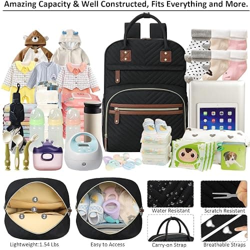 Tenot Diaper Bag Backpack for Women Large Capacity with Insulated Pockets Multifunctional Diaper Bags For Baby Girl Boy Waterproof Baby Bags For Mama Maternity Travel Bag Black thumbnail 4