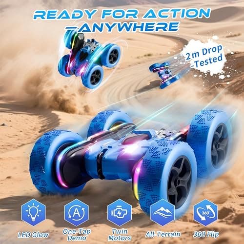 Zalneo Remote Control Stunt Car 4WD 360° Flip Double‑Sided RC Cars, LED Light Bar, USB‑C Modular Battery, 2.4 GHz Outdoor Beach Toy for Boys 6‑12 Years Old, Birthday & Christmas Kids Gift, Blue thumbnail 4