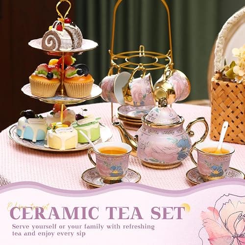 21 Pcs Porcelain Tea Set with 3 Tier Dessert Stand, Purple, Delicate | Ceramic Teapot Set with Metal Holder Cups Saucers for Adults, Floral Tea Party Set, European Tea Party Set Gift for Women thumbnail 6