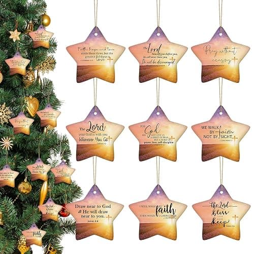 Syhood 9 Sets Christmas Christian Ceramic Ornaments Star Religious Bible Verse Ornaments with Gift Bags Inspirational Quotes for Women Church Christmas Tree - Image 1