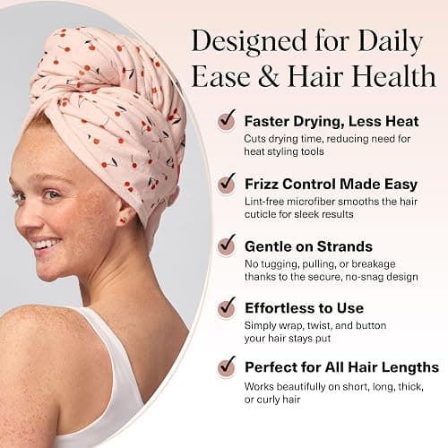 Kitsch XL Microfiber Hair Towel Wrap for Women – Ultra Absorbent Microfiber Towel for Wet, Curly, Long or Short Hair – Quick Dry, Anti-Frizz Hair Wrap – Cherry Print, 40x24 inches thumbnail 3