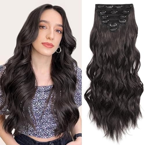 Fliace Clip in Hair Extensions for Women Dark Brown Long Wavy Hair Extensions Clip Ins 6PCS 24 Inch Synthetic Soft and Natural Thick Hair Pieces for Women - Image 1