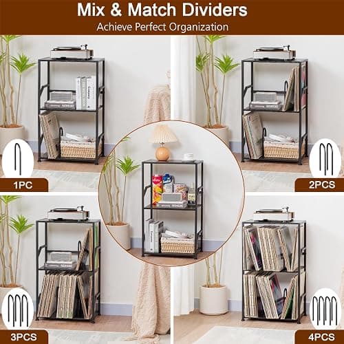 LOAKEKEL Record Player Stand, Vinyl Record Storage Up to 200 Albums, 3 Tier End Table with Removable Dividers, Tall Side Table for Living Room, Bedroom, Black, HETCD010BK1 thumbnail 6