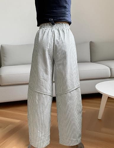 IQSQSQ Women’s Barrel Pants Striped High Rise Wide Leg Baggy Jeans with Drawstring & Pockets for Daily Wear Casual Pants thumbnail 3
