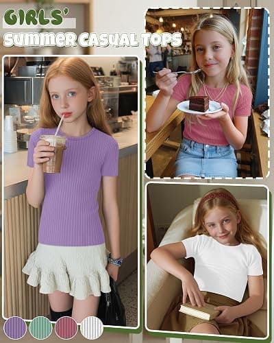 Oakgarden 4 Pack Girls T Shirts 5-14 Years Short Sleeve Ribbed Tops Crew Neck Slim Fit Summer Casual Cute Basic Tees for Kids thumbnail 4