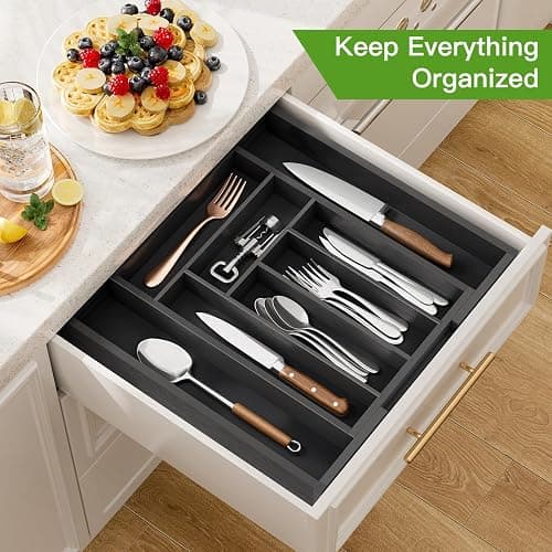 Pipishell Bamboo Expandable Drawer Organizer for Utensils Holder, Adjustable Cutlery Tray, Wood Drawer Dividers Organizer for Silverware, Flatware, Knives in Kitchen, Bedroom, Living Room(M-Black) thumbnail 3