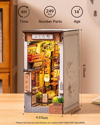 ROBOTIME Book Nook Kit DIY Miniature House Kit for Adults 3D Wooden Puzzle Bookends Bookshelf Diorama Insert Dollhouse Creative Decorative Unique Gifts for Teens and Beginners (Sakura Wine Alley) thumbnail 2