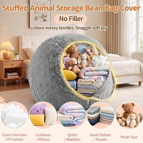 AZHCHKE Stuffed Animal Storage Bean Bag Chair Cover, Soft Bean Bag Cover | Fluffy Faux Fur Stuffed Animal Storage Chair, Non-Slip Bottom, Fill with Plush Toys or Blankets, for Kids Teens Adults Girls thumbnail 3