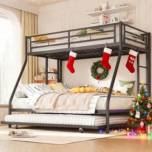 Shintenchi Twin Over Full Size Bunk Bed with Trundle, Heavy-Duty Metal Frame, 2 Ladders & Full-Length Guardrail, Space-Saving Sleep Solution for Kids/Teens/Adults, Black - Image 1