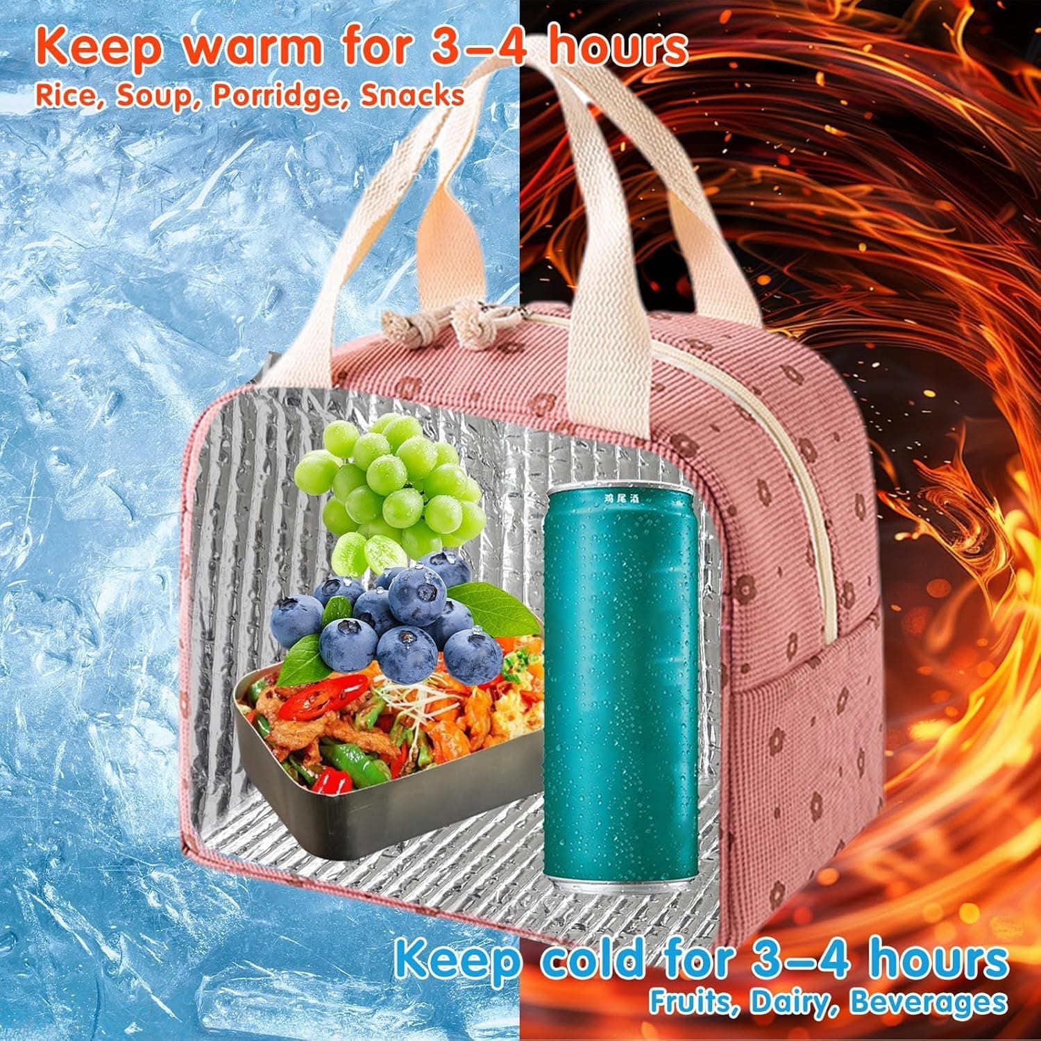 Lylilidy Insulated Lunch Bag Women, Large Pack Lunch Bags, Lunch Bags Cooler Tote for Kids, Leakproof Ladies Bento Bag for Work, School, Picnic (Pink Flower) thumbnail 3