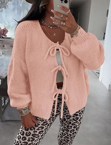 PRETTYGARDEN Women's Tie Front Bow Cardigan Sweaters Chunky Knit Long Puff Sleeve Trendy Fall Winter Jacket Coats thumbnail 7