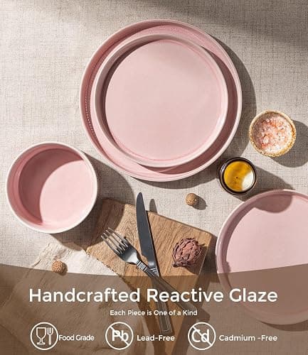 GBHOME Stoneware Dinnerware Sets for 4,12-Piece Plates and Bowls Set | Ribbed Reactive Glaze Ceramic Dish Set, Scratch Resistant, Dishwasher&Microwave Safe,Blush Pink thumbnail 3