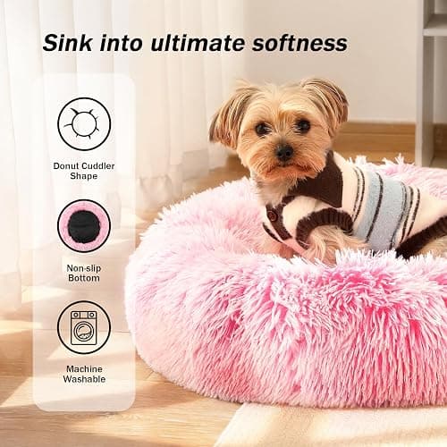 NOYAL Calming Donut Dog Bed for Small to Medium Dogs & Cats - Plush Faux Fur Anti-Anxiety Pet Bed with Machine Washable Cover & Non-Slip Base thumbnail 2