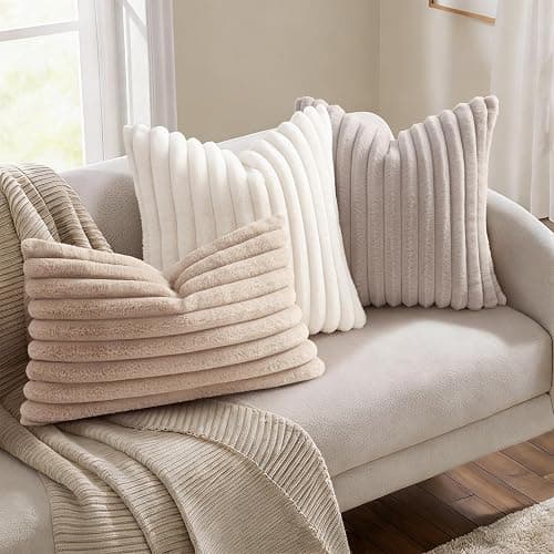Simmore Faux Fur Striped Beige Throw Pillow Covers 20x20 Set of 2 | Fall Soft Plush Decorative Ribbed Cozy Modern Farmhouse Pillow Covers Velvet Back for Couch Sofa Bed Living Room thumbnail 6