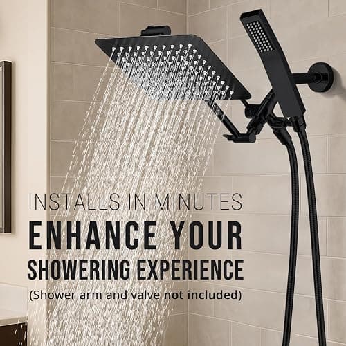 G-Promise All Metal 10" Dual Square Shower Head Combo | Rain Shower Head | Handheld Shower Wand | Adjustable | 3-Way Diverter | 71" Extra Long Hose - A Bathroom Upgrade (Matte Black) thumbnail 3