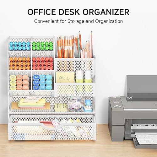 VITVITI Sturdy Mesh Desk Organiser for Office Accessories, Desk Organiser for Stationery Supplies, Make Up Brush, Art storage, 5 Tier Metal Stackable Storage drawers - White thumbnail 4