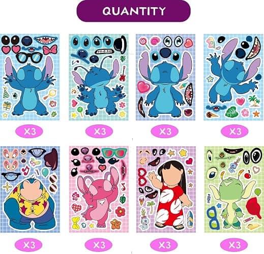 JCQAYB 24pcs Make a face Stitch Stickers for Kids,Mixed & Matched with 8 Characters(3of Each) Stickers, Make Your Own Sticker for Kids Teens Party Decoration, Reward, Decor (24pcs-Stitch) thumbnail 2