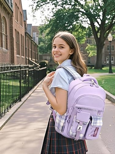 PRLINJSK Girls Backpack，Cute School Backpack for Girls Kids Teens，Kawaii Bookbag for Primary Elementary，Purple thumbnail 7