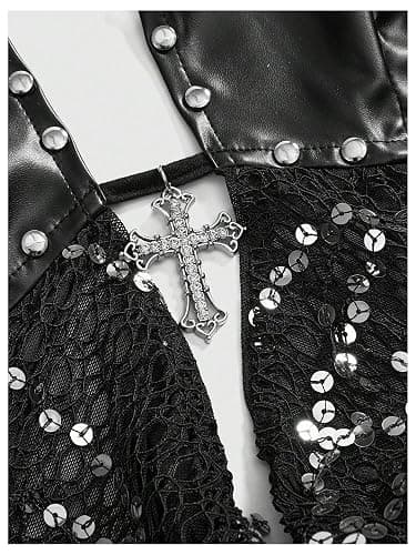 SOLY HUX Women's Gothic Grunge PU Leather Sparkly Halter Crop Top Y2k Deep V Neck Vest Rave Outfits thumbnail 4