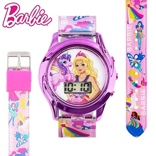 Mattel Barbie Kids Digital LCD Watch with Curved Bezel, Flashing Dial Lights and Printed Pink Strap Featuring Barbie and Unicorn Graphics Ages 4+ Fits Wrists 5.5"-8" thumbnail 2