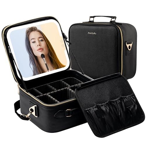 SJD Travel Makeup Bag with LED Mirror, Portable Cosmetic Case Organizer with Lighted Mirror, Waterproof Makeup Case for Cosmetic Brush Holder Storage, Black Toiletry Bag for Women Gift - Image 1
