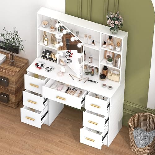 Umeiga Vanity Desk with Mirror and Lights, Large Makeup Vanity Table Set with Drawers, White Vanity with Lighted Mirror for Bedroom, Dressing Table for Teen Girls and Adult Women H3240 - Image 1