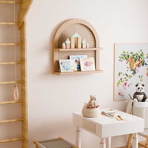 Eostbe Rattan Wall Shelf Boho Nursery Decor - 2-Tier Arched Woven Natural Wood Wicker Wall Shelf, 16''L Neutral Handcrafted Rattan Nursery Shelf, Decorative Shelf for Living Room,Bedroom & Bathroom thumbnail 2
