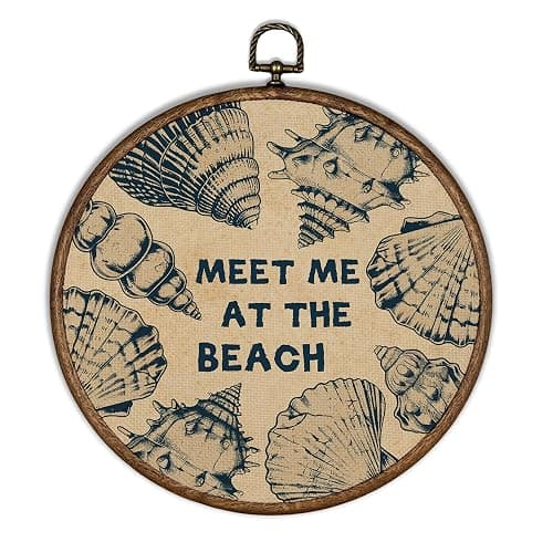 XBBMGG Coastal Seashell Wall Art Decor, Vintage Meet Me at The Beach Shell Round Wall Hanging Decor, Nautical Seashell Framed Canvas Prints for Living Room Bathroom Decorations, 10x10inch - Image 1