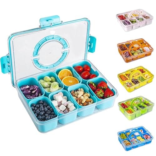 WACOI Divided Snack Serving Tray with Lid and Handle Travel Snackle Charcuterie Container Portable Storage Organizer for Candy, Fruits, Nuts, Snacks, Party, Picnic (1pack, Lake blue) - Image 1