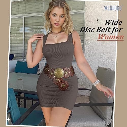 WERFORU Women Wide Western Disc Belt Cowgirl Boho Leather Belt for Jeans Dress thumbnail 2