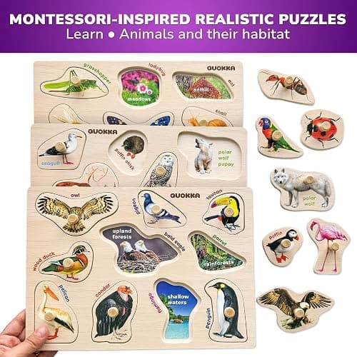 QUOKKA 8 Wooden Puzzles for Toddlers 1-3 - Toddler Montessori Puzzles Ages 2-4 in a Rack - Learning Alphabet, Numbers and Animals Toy for Kids 3-5 - Wood Games Gift for Boys and Girls thumbnail 5