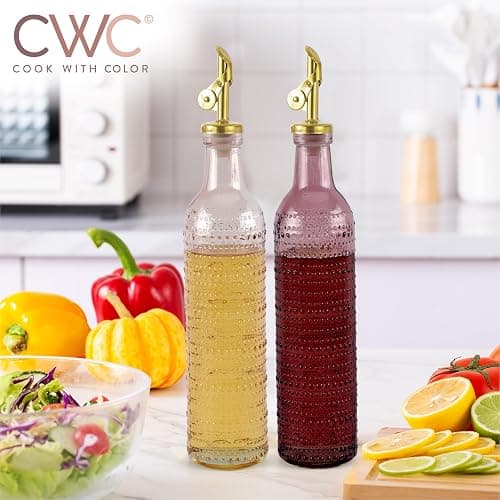 COOK WITH COLOR Glass Olive Oil Bottle Dispenser - 2 Pack- 17oz Oil and Vinegar Cruet - Olive Oil Carafe Decanter for Kitchen, Champagne Bubbles, Pink thumbnail 2