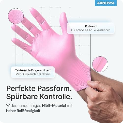 ARNOMED Einweghandschuhe Pink 100 Stück/Box, Nitrilhandschuhe M, Einmalhandschuhe, Handschuhe Einweg puderfrei, latexfreie Gummihandschuhe, Einweghandschuhe in XS, S, M & L verfügbar thumbnail 2