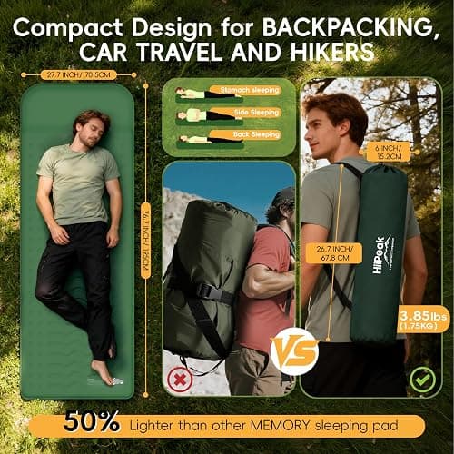 HiiPeak Memory Sleeping Pad, Compact Ultra-Thick Foam Sleeping Mats with Pillow for Camping, Easy Inflate&Deflate,9.5 R-Value Insulated Camping Mattress Pad for Car Travel Tent thumbnail 2