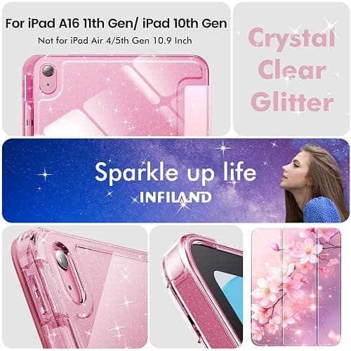 INFILAND Compatible with iPad A16 11th Generation 11 Inch 2025 Case, iPad Case 10th Generation 10.9 Inch, Glitter Cover with Sparkly Clear Back, Pencil Holder, for Kids Girls (Blossom Pink Glow) thumbnail 7