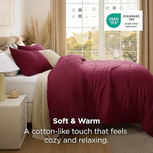 Bedsure King Size Comforter Set, Dark Red Soft Prewashed Bedding for All Seasons, 3 Pieces GentleSoft™ Warm Down Alternative Bed Set, 1 Lightweight Comforter (104"x90") and 2 Pillowcases (20"x36") thumbnail 3