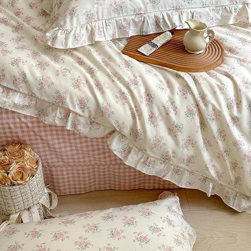 MKXI Queen Size Pink Floral Comforter Set - 3 Piece Ruffled Lace Bedding Set 1 Queen Comforter with 2 Pillowcases All Seasons, Soft Aesthetic Princess Style Floral Comforter for Girls, Women thumbnail 5