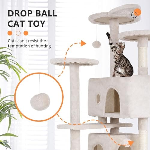 BestPet | 54" Cat Tree Tower | Beige | Sturdy, Easy to Assemble, Multi-Level Activity Center with Sisal Scratching Posts, Condos, Perches, Hanging Cat Toys, Observation Decks & Ladder thumbnail 3
