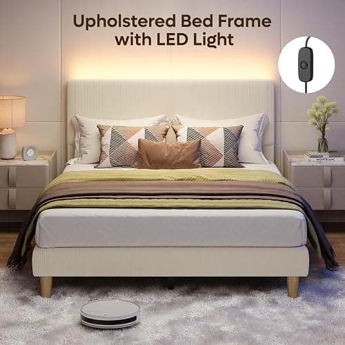 Bestier Queen Bed Frame with Headboard LED Lighting,Upholstered,Beige | Easy Assembly,LED Lighting Headboard,No Squeaks,Vertical Channel Corduroy Upholstered,Wood Slats Support,No Box Spring Needed thumbnail 5