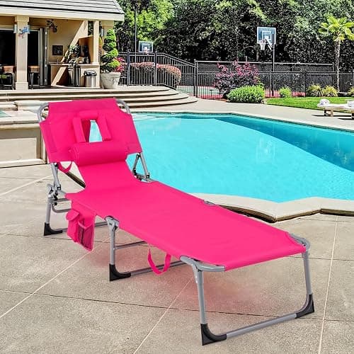 GYMAX Tanning Chair, Folding Beach Lounger with Face Arm Hole, Adjustable Backrest, Side Pocket, Pillow & Carry Handle, Outside Sunbathing Lounge Chair for Patio, Poolside, Lawn (1, Pink) thumbnail 8