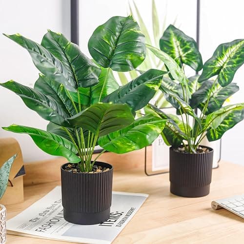Der Rose 2 Pack 16" Fake Plants Black Pot for Office Bathroom Decor | Tropical artificial plants，bendable leaves，easy to place on desk shelf bathroom，maintenance-free thumbnail 6