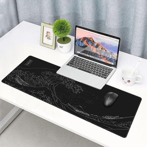 Japanese Gaming Mouse Pad Black Mouse Pad Kanagawa Large Mousepad Non-Slip Rubber Base Waterproof with Stitched Edges for Gaming Office Home, 31.5x11.8 Inch (Black Wave) thumbnail 2