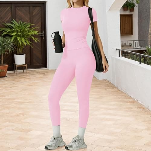 MAYROUND Gym Sets for Women 2 Piece Outfit Gym Scrunch Leggings and Short Sleeve Crop Top Set Seamless Yoga Tracksuits thumbnail 2