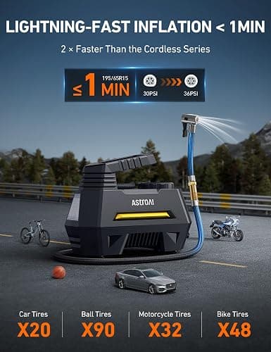 AstroAI Tire Inflator Portable Air Compressor Air Pump for Car Tires-Car Accessories, 9.8Ft Cord-12V DC-Powered Auto Pump with Digital Pressure Gauge, Emergency LED Light for Bicycle, Balloons, Yellow thumbnail 2