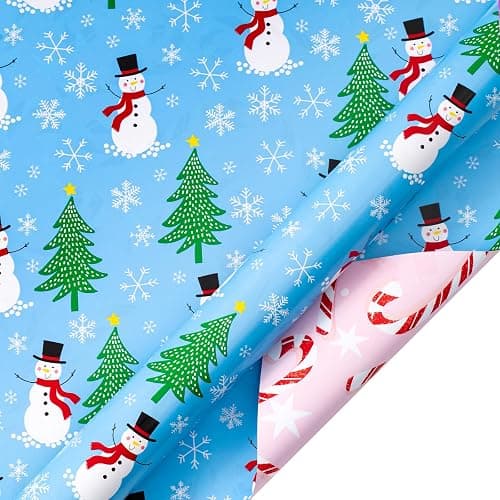 LeZakaa Christmas Wrapping Paper for Kids, Mini Roll, Red Truck, Snowman Christmas Tree in Blue & Pink Candy Cane Reversible Design for Winter Holiday Family Gathering, 17 inches x 32.8 Feet thumbnail 6