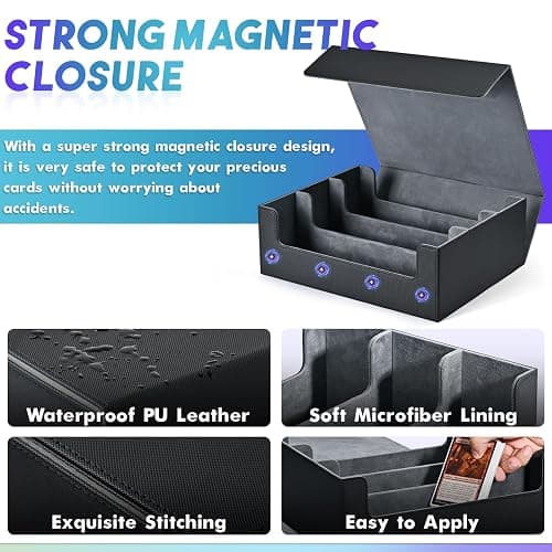 UAONO Trading Card Storage Box, Holds 1800 Sleeved Cards with 10 Dividers & 3 Stoppers, Magnetic Closure PU Leather Card Case for MTG, PTCG, YGO, Sports Cards (Black) thumbnail 5
