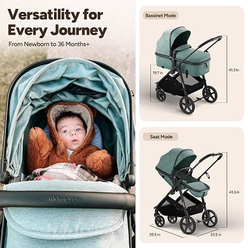 Mompush Wiz 2-in-1 Bassinet Stroller Reversible Seat, One-Hand Fold, Khaki | Newborn to toddler, large wheels with suspension, multi-position recline, UPF 50+ canopy, large basket, cup holder included thumbnail 9