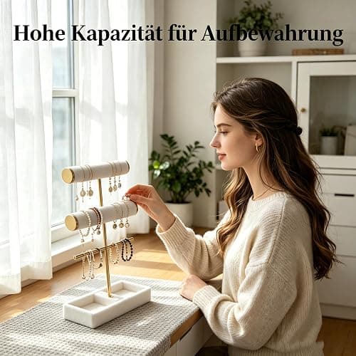 Xnqelerate Schmuckständer mit 2 Ebenen, Schmuckaufbewahrung, Abnehmbarer T-Steg Schmuck Ständer, Schmuck Organizer, Jewelry Organizer für Armband, Uhren, Ringe, Halskette (Beige) thumbnail 7