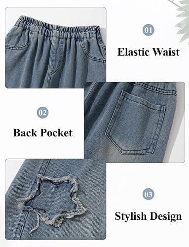 Happy Cherry Boys Baggy Star Denim Pants Pull On Elastic Waist Wide Leg Jeans Loose Vintage Cargo Jeans with Pockets thumbnail 2